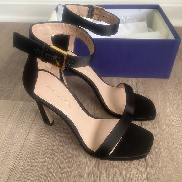 Stuart‎ Weitzman Black Silk Satin Square Nudist Heels Strappy Sandal Size 6 NIB - Picture 1 of 10
